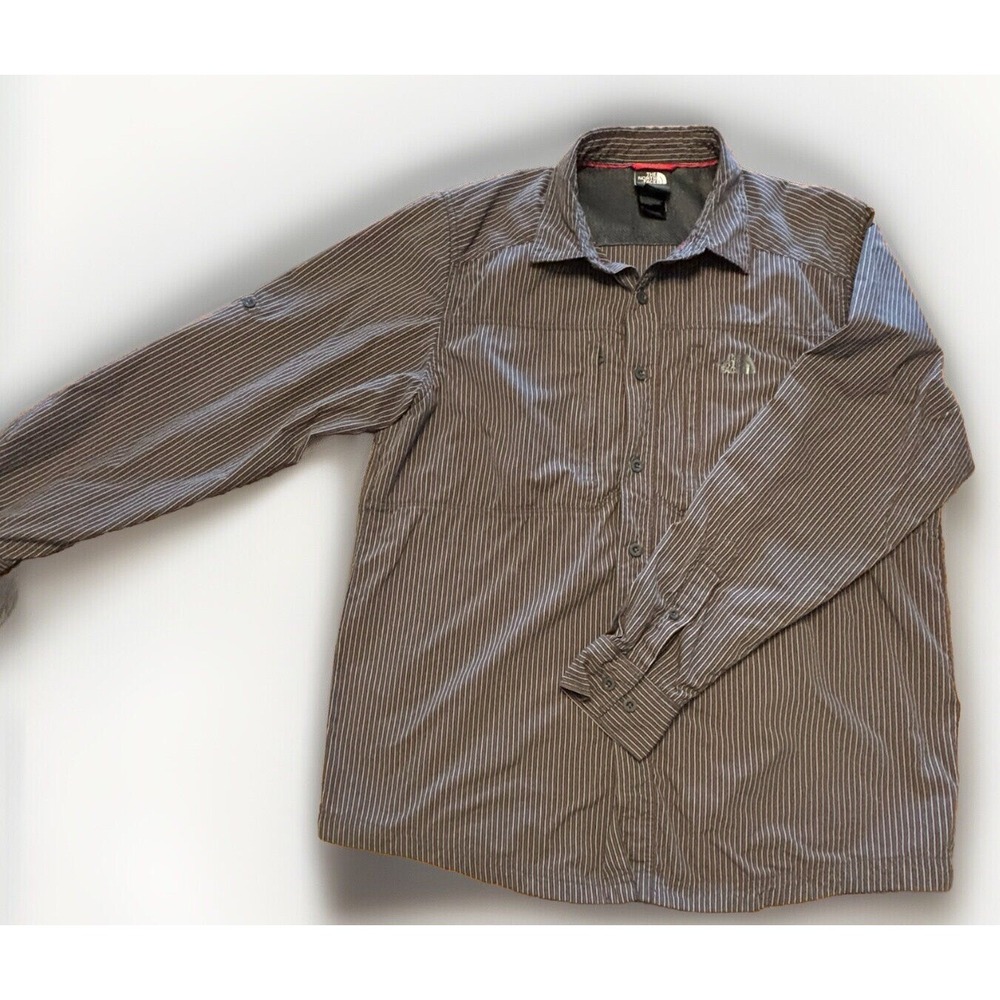 The North Face Mens L Shirt Nylon Black Stripe Vented Button Up Long Sleeve